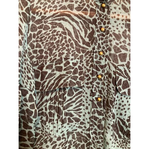 Hoss Intropia Top Womens 38 Medium Teal Green Animal Print Semi Sheer Ruffles - Picture 4 of 13
